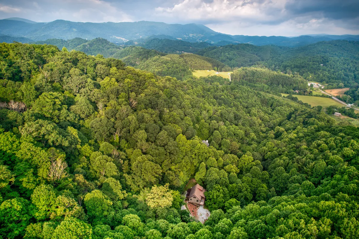 A panoramic view reveals a lush green forest and distant mountains with an isolated house nestled amid the landscape. The scene evokes serenity, adventure, and a sense of escape, hinting at the hiking and nature exploration opportunities described in the section.